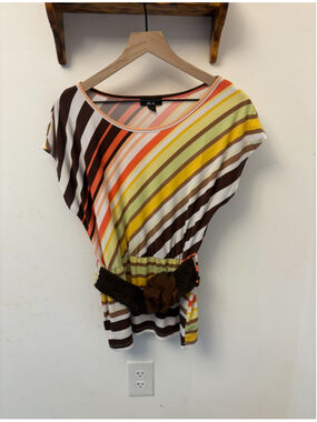 BCX Y2K Striped Dolman Top w/ Crochet Flower Belt Size Medium Retro Boho 2000s